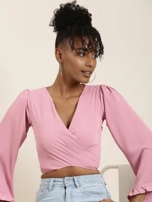 Women Pink Flared Sleeve Wrap Crop Top