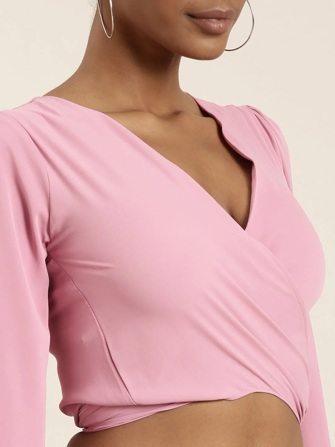 Women Pink Flared Sleeve Wrap Crop Top