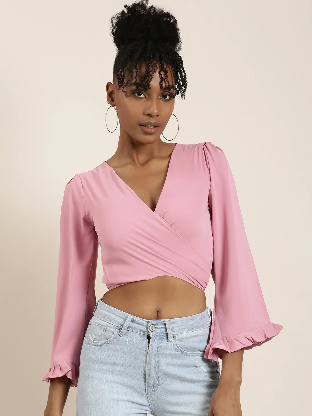 Women Pink Flared Sleeve Wrap Crop Top